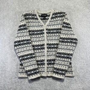 VINTAGE 111 State Cardiga Sweater Womens Large Fair Isle Wool Blend Gray Cream